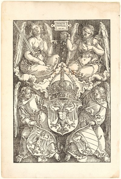 Allegoria, jossa esiintyvät keisarikunnan ja Nürnbergin kaupungin vaakunat tekijältä Albrecht Dürer