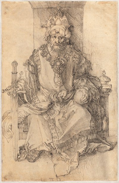 Itämainen hallitsija istuu valtaistuimellaan tekijältä Albrecht Dürer