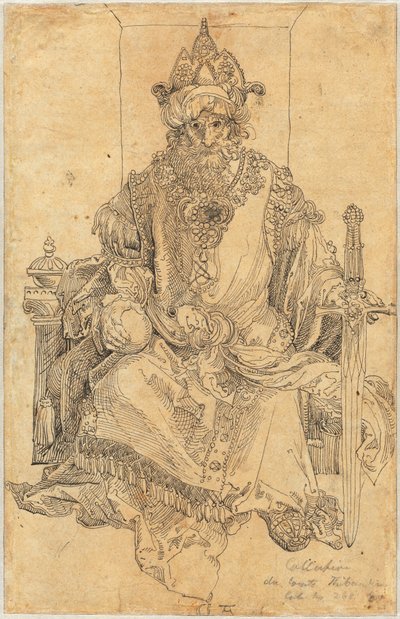 Itämainen hallitsija istuu valtaistuimellaan tekijältä Albrecht Dürer
