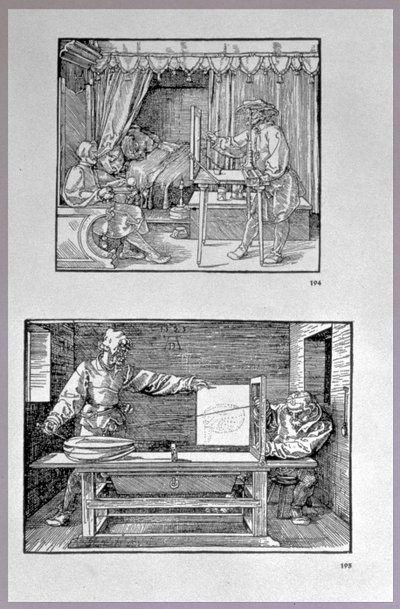 Laitteet kolmiulotteisten esineiden muuntamiseksi kaksiulotteisiksi piirustuksiksi, kaksi kohtausta taiteilijan ensimmäisestä teknisestä kirjasta Introduction in the Art of Measurement with Compass and Ruler, writt tekijältä Albrecht Dürer