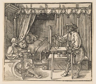 Taiteilija piirtää muotokuvan miehestä.a.n.d. tekijältä Albrecht Dürer