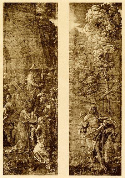 Ristin ja Kristuksen kantaminen voitonlipun kanssa. tekijältä Albrecht Dürer