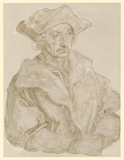 Kuva iäkkäämmästä, parratomasta miehestä (Sebastian Brant) tekijältä Albrecht Dürer