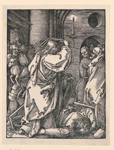 Kristus ajaa kauppiaita (tai rahanvaihtajia) temppelistä, The Little Passion -sarjasta tekijältä Albrecht Dürer