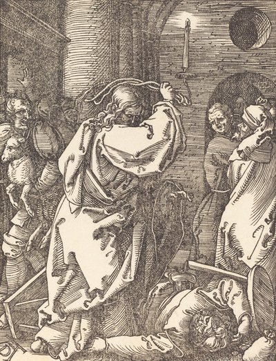Kristus karkottaa rahalainaajat temppelistä, luultavasti n. 15091510. tekijältä Albrecht Dürer