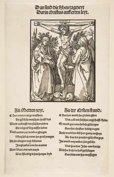 Kristus ristillä Neitsyen ja Pyhän Johanneksen välillä ensimmäinen arkki kahdesta, 1510. tekijältä Albrecht Dürer