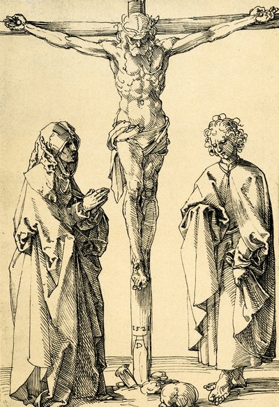 Kristus ristillä Marian ja Johanneksen kanssa tekijältä Albrecht Dürer