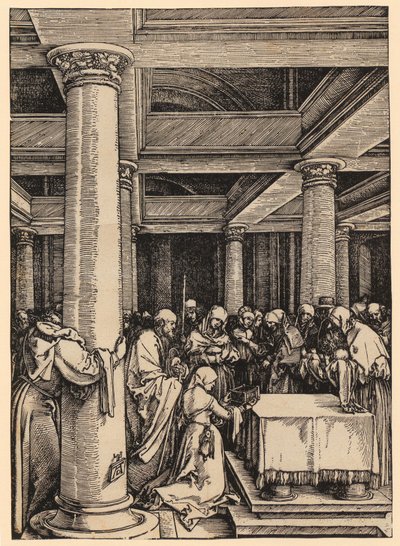 Jeesuksen tuominen temppeliin, lehti 13 sarjasta "Marian elämä" tekijältä Albrecht Dürer
