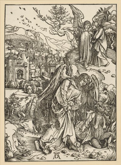 Enkeli heittää lohikäärmeen syvyyteen ja sulkee sen sinne (Ilmestyskirja) tekijältä Albrecht Dürer