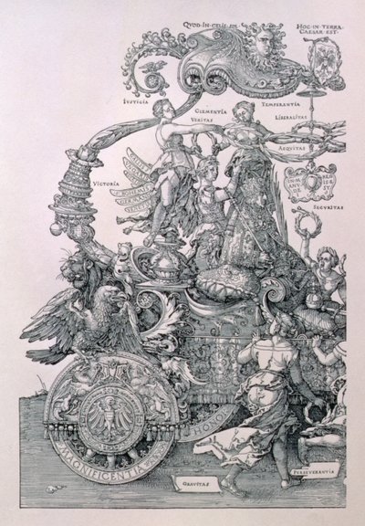 Suunnittelu keisari Maximilian I:n suurelle voittovaunulle: yksityiskohta hyveistä asettamassa seppelettä keisarin päähän, suunnitteli Willibald Pirckheimer, pubi. n.1518 tekijältä Albrecht Dürer