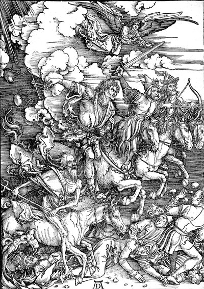 Johanneksen ilmestys: 4. Apokalypsin neljä ratsumiestä tekijältä Albrecht Dürer