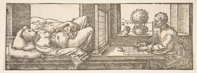 Valmistelija tekee perspektiivipiirustuksen makuuasennosta, n. 1600. tekijältä Albrecht Dürer