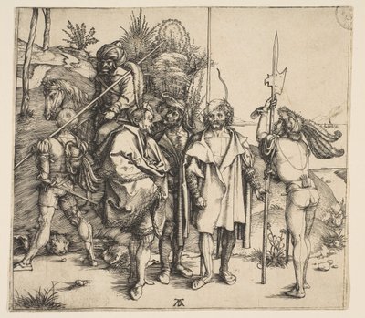 Viisi jalkasotilasta ja ratsuturkki, n. 1495. tekijältä Albrecht Dürer