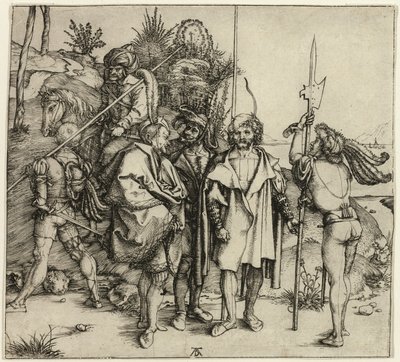 Viisi Landsknechteä ja itämainen mies hevosen selässä tekijältä Albrecht Dürer