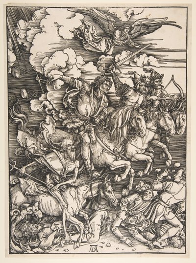 Apokalypsin neljä ratsumiestä, n. 14971498. tekijältä Albrecht Dürer