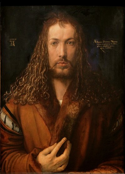 Saksan kieli: Selbstbildnis im Pelzrock Omakuva turkisverhoillussa kaapussa tekijältä Albrecht Dürer