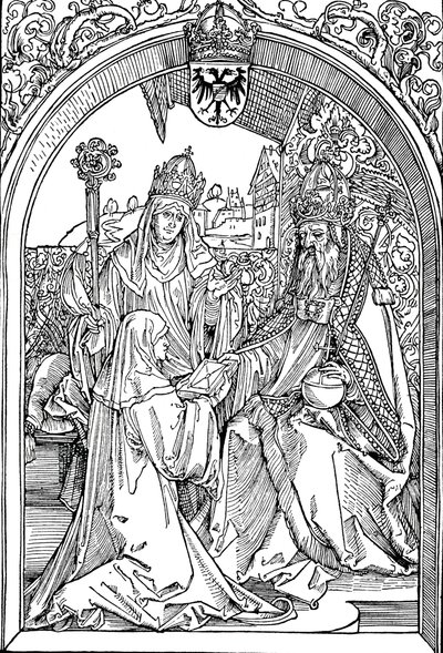 Hrotsvitha esittelee kirjansa keisari Otto I:lle, 1501 1906 tekijältä Albrecht Dürer