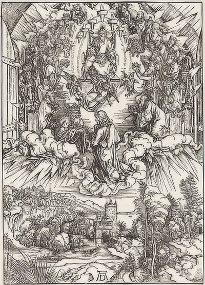 Johannes Isän Jumala ja vanhimmat, Apokalypsin jaksosta. 1496 tekijältä Albrecht Dürer