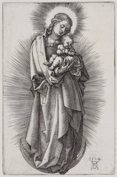 Neitsyt hiusnauhassa, sädekehässä kuunsirpin päällä tekijältä Albrecht Dürer