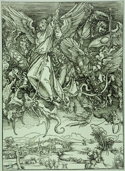 Ilmestyskirja (latinalainen painos): Pyhä Mikael kukistaa lohikäärmeen (Bartsch 72) tekijältä Albrecht Dürer