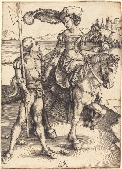 Lady on Horseback ja Lansquenet tekijältä Albrecht Dürer