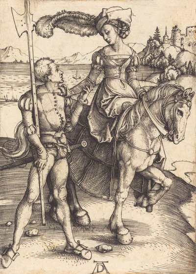 Lady on Horseback ja Lansquenet, c. 1497. tekijältä Albrecht Dürer
