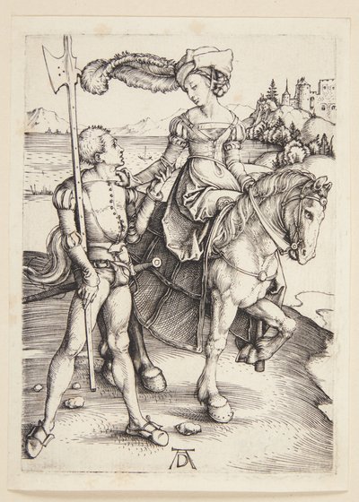 Nainen hevosen selässä ja lansquenet tekijältä Albrecht Dürer
