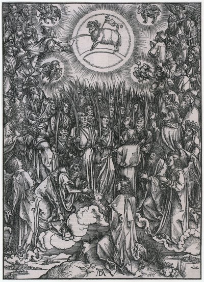 Valittujen ylistyslaulu taivaassa / Karitsan palvonta, XII. kuva, sivu 14 sarjasta ”Ilmestyskirja” tekijältä Albrecht Dürer