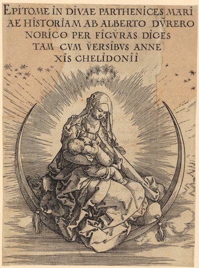 Maria kuunsirpillä, sarjan ”Marian elämä” 1. lehti tekijältä Albrecht Dürer