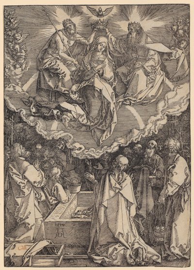 Neitsyt Marian taivaaseenastuminen ja kruunaaminen, sarjan ”Marian elämä” sivu 19 tekijältä Albrecht Dürer