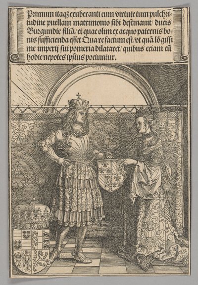 Maximilian ja Maria Burgundialainen, levy 2 historiallisista kohtauksista keisari Maximilian I:n elämästä Riemukaarista tekijältä Albrecht Dürer