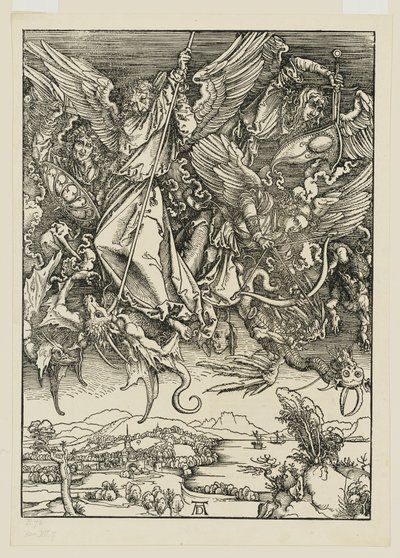 Mikael ja hänen enkelinsä taistelevat lohikäärmettä vastaan tekijältä Albrecht Dürer