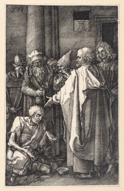 Pietari ja Johannes parantavat ramman kerjäläisen temppelissä (Kuparikaiverruspassio) tekijältä Albrecht Dürer
