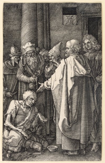 Pietari ja Johannes parantamassa rampaa kerjäläistä temppelissä (Kuparikaiverruspassio) tekijältä Albrecht Dürer