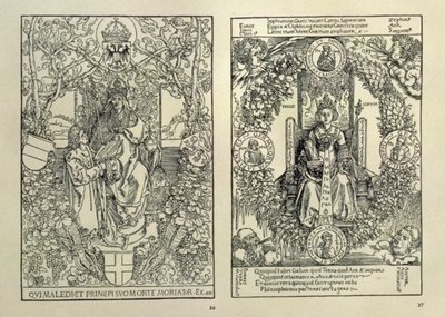 Filosofia ja Habsburgien keisari, Nürnbergin Konrad Celtisin kirjoittamasta Quatuor Libri Amorumista, 1502 tekijältä Albrecht Dürer