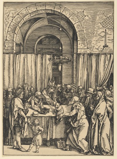 Joakimin uhrilahjan hylkääminen, sarjasta Neitsyt Marian elämä tekijältä Albrecht Dürer