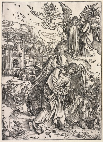 Pyhän Johanneksen ilmestys: Enkeli pohjattoman kuopan avaimella tekijältä Albrecht Dürer