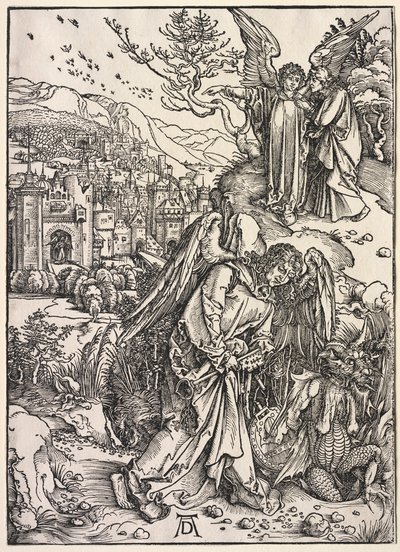 Pyhän Johanneksen ilmestys: Enkeli pohjattoman kaivon avaimella, 1511. tekijältä Albrecht Dürer