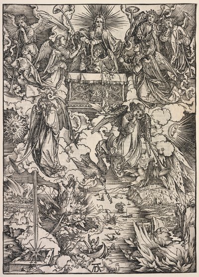 Pyhän Johanneksen ilmestys: Seitsemän enkeliä trumpetteilla tekijältä Albrecht Dürer
