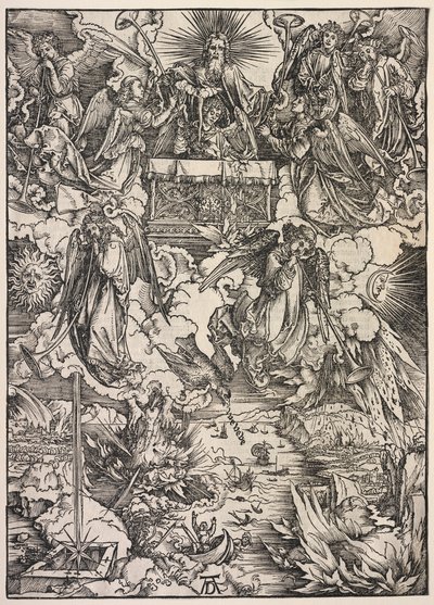 Pyhän Johanneksen ilmestys: Seitsemän enkeliä trumpetteilla, 1511. tekijältä Albrecht Dürer