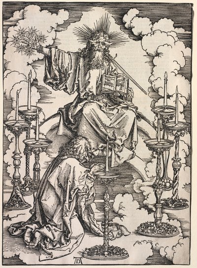 Pyhän Johanneksen ilmestys: Pyhä Johannes katsomassa seitsemää kynttilänjalkaa, 1511. tekijältä Albrecht Dürer