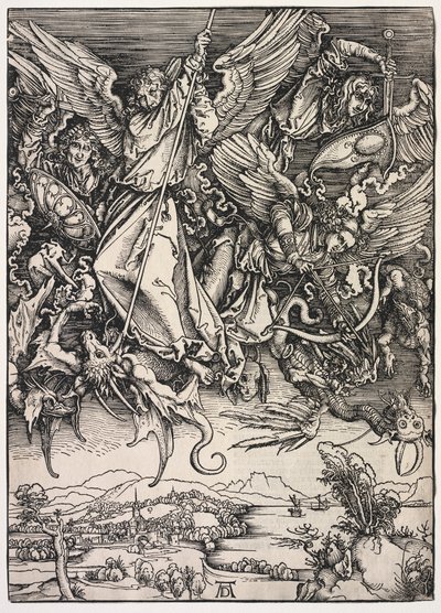 Pyhän Johanneksen ilmestys: Pyhä Mikael taistelee lohikäärmettä vastaan, 1511. tekijältä Albrecht Dürer