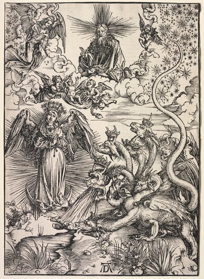 Pyhän Johanneksen ilmestys: Aurinkoon pukeutunut nainen tekijältä Albrecht Dürer
