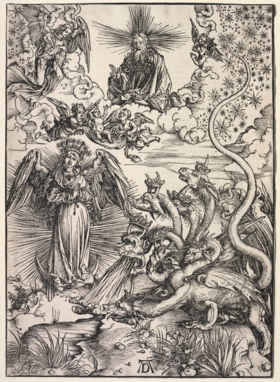 Pyhän Johanneksen ilmestys: Aurinkoon pukeutunut nainen, 1511. tekijältä Albrecht Dürer