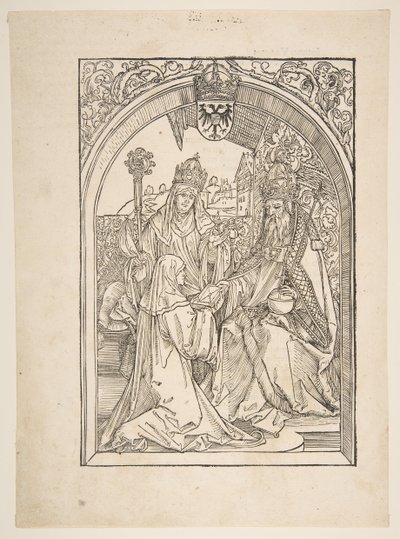 Rosvitha esittelee komediat keisari Otto I:lle. kuvitus Ooppera Hrosvi....n.d. tekijältä Albrecht Dürer