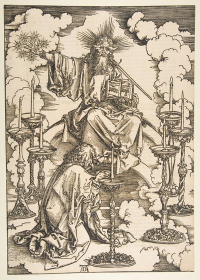 Pyhä Johannes katselee seitsemää kultaista kynttilänjalkaa, The Apocalypse.n.d. tekijältä Albrecht Dürer