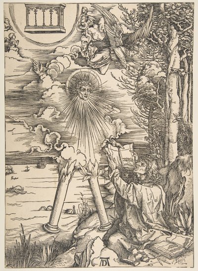 Pyhä Johannes nielee kirjan, The Apocalypse, latinalainen painos, 1511, 1511. tekijältä Albrecht Dürer