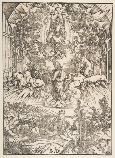 Pyhä Johannes Jumalan ja vanhinten edessä, The Apocalypse, n. 1496. tekijältä Albrecht Dürer