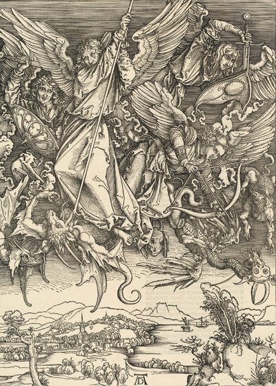Pyhä Mikael taistelee lohikäärmettä vastaan, 1498. tekijältä Albrecht Dürer