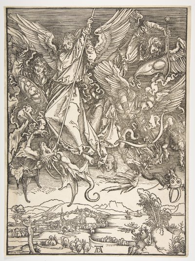 Pyhä Mikael ja lohikäärme, The Apocalypse, n. 1498. tekijältä Albrecht Dürer